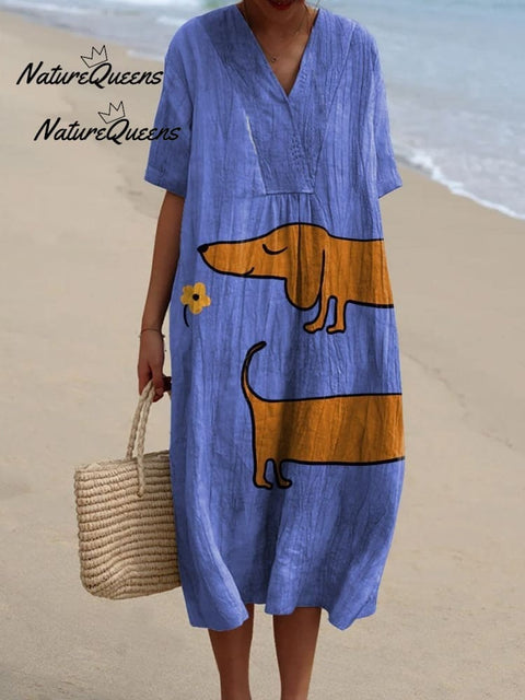 Cute Dachshund Floral Art Print Cotton and Linen Long Sleeve Shirt