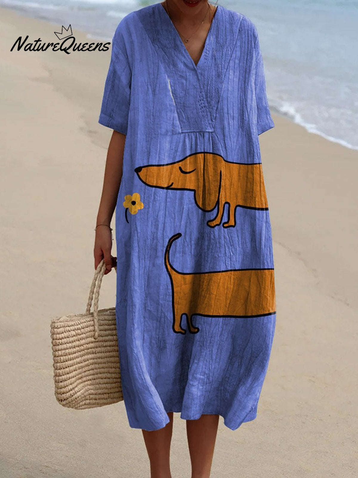 Women's Vintage Lovely Dachshund Art Print Flowy Dress