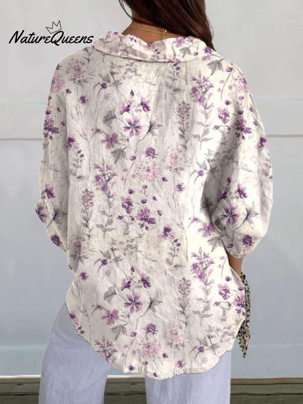 Women's Purple Elegant Flower Floral Print Casual Linen V-neck Shirt