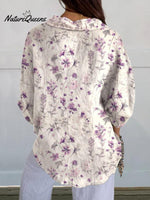 Women's Purple Elegant Flower Floral Print Casual Linen V-neck Shirt