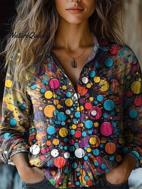 Abstract Paint Splash Pattern Printed Women's Casual Long Sleeve Comfortable Cotton Shirt