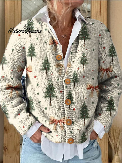Lovely Christmas Tree Pattern Art Print Buttoned Cardigan Sweater