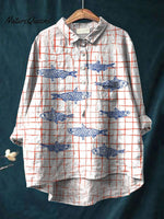 Women's Fish Art Print Casual Cotton And Linen Shirt