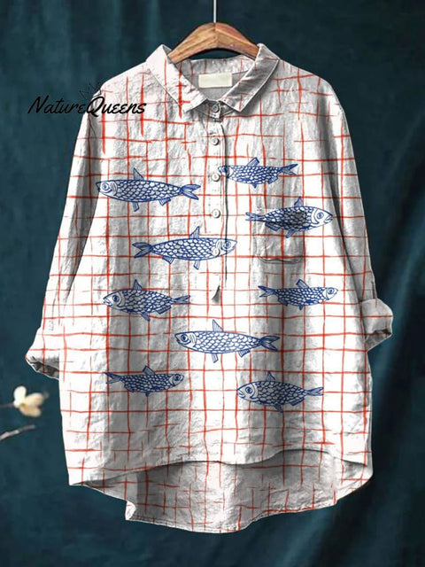 Women's Fish Art Print Casual Cotton And Linen Shirt