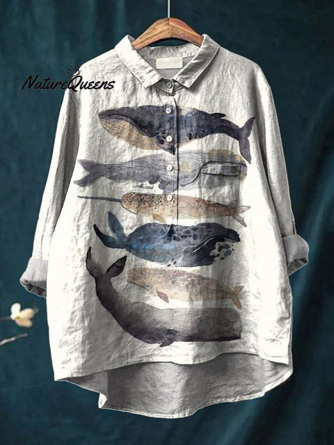 Retro Whale Art Fish Print Long Sleeve Blouse