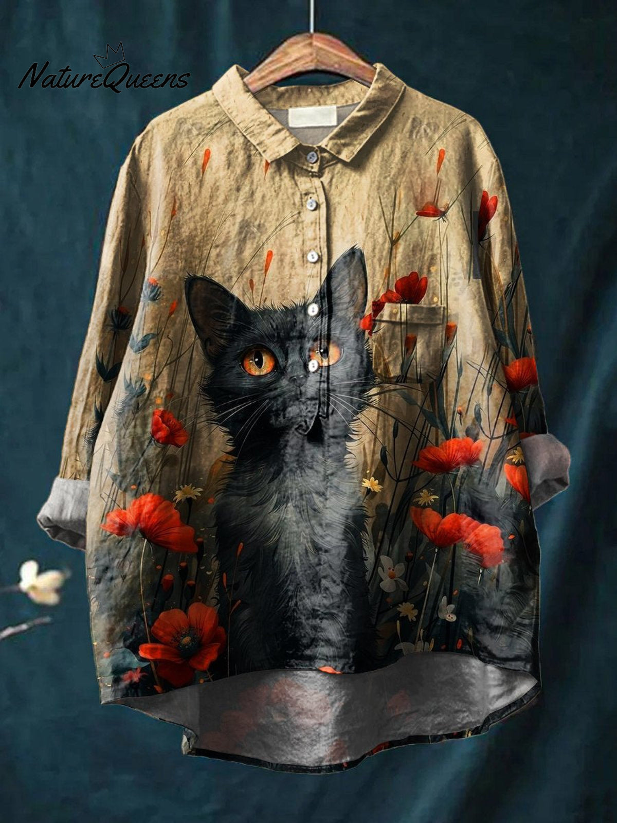 Women's Cat Art Print Casual Cotton And Linen Shirt