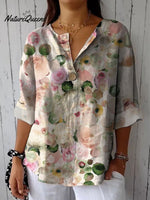 Women's Flower Print Casual Cotton Linen Shirt