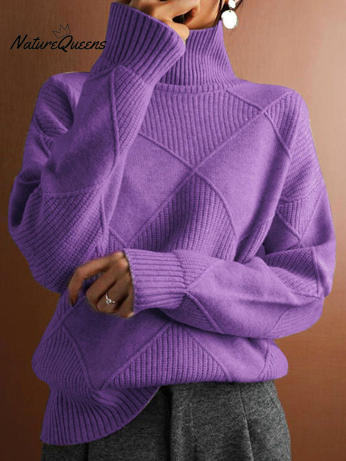 Women's Solid Color Stylish Long-sleeved Loose turtleneck Warm Casual Knitted Sweater