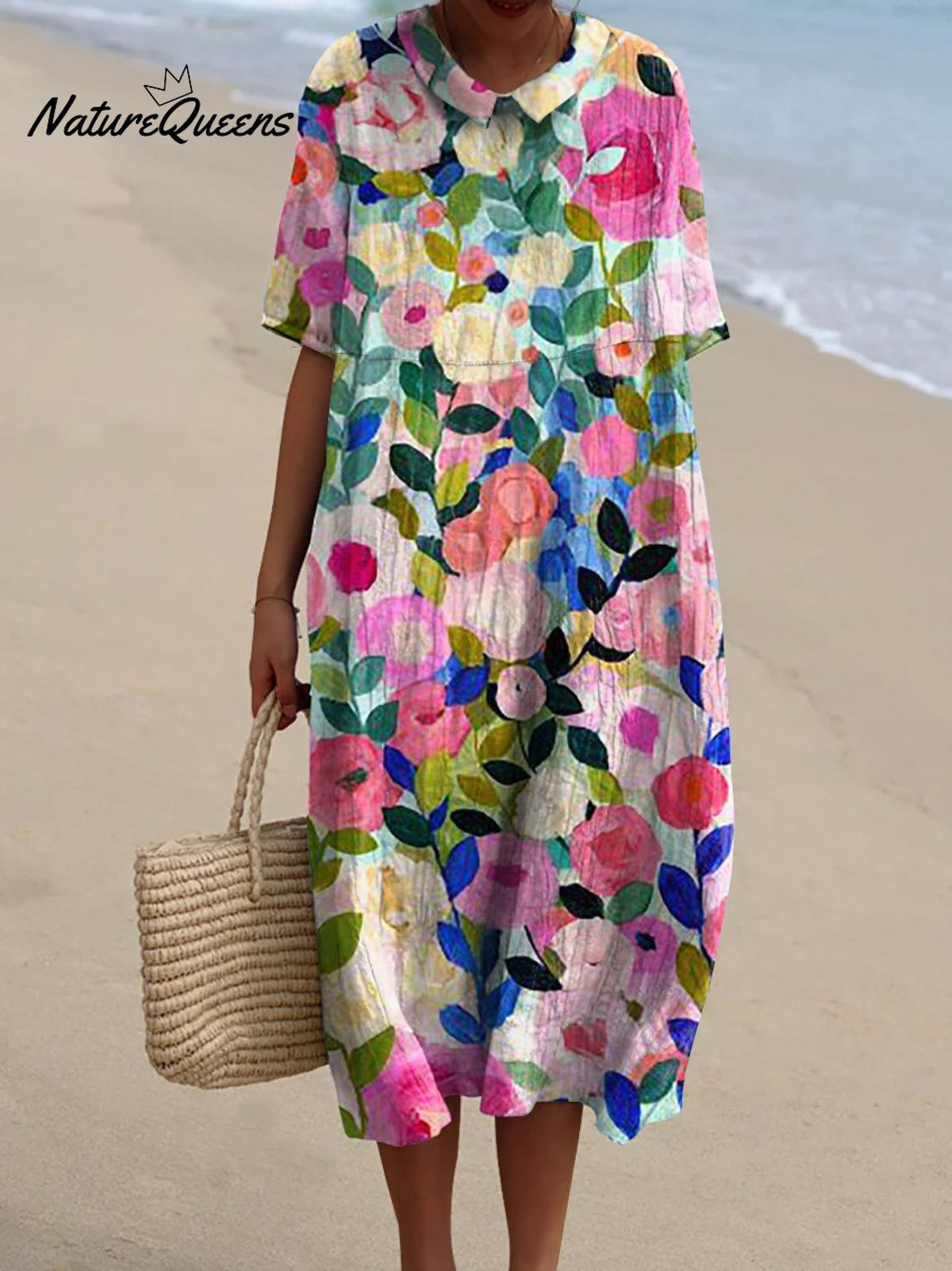 Colorful Spring Floral Garden Printed Women's Pocket Linen Dress (Convertible Dress With Front And Back Option)