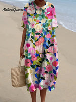 Colorful Spring Floral Garden Printed Women's Pocket Linen Dress (Convertible Dress With Front And Back Option)