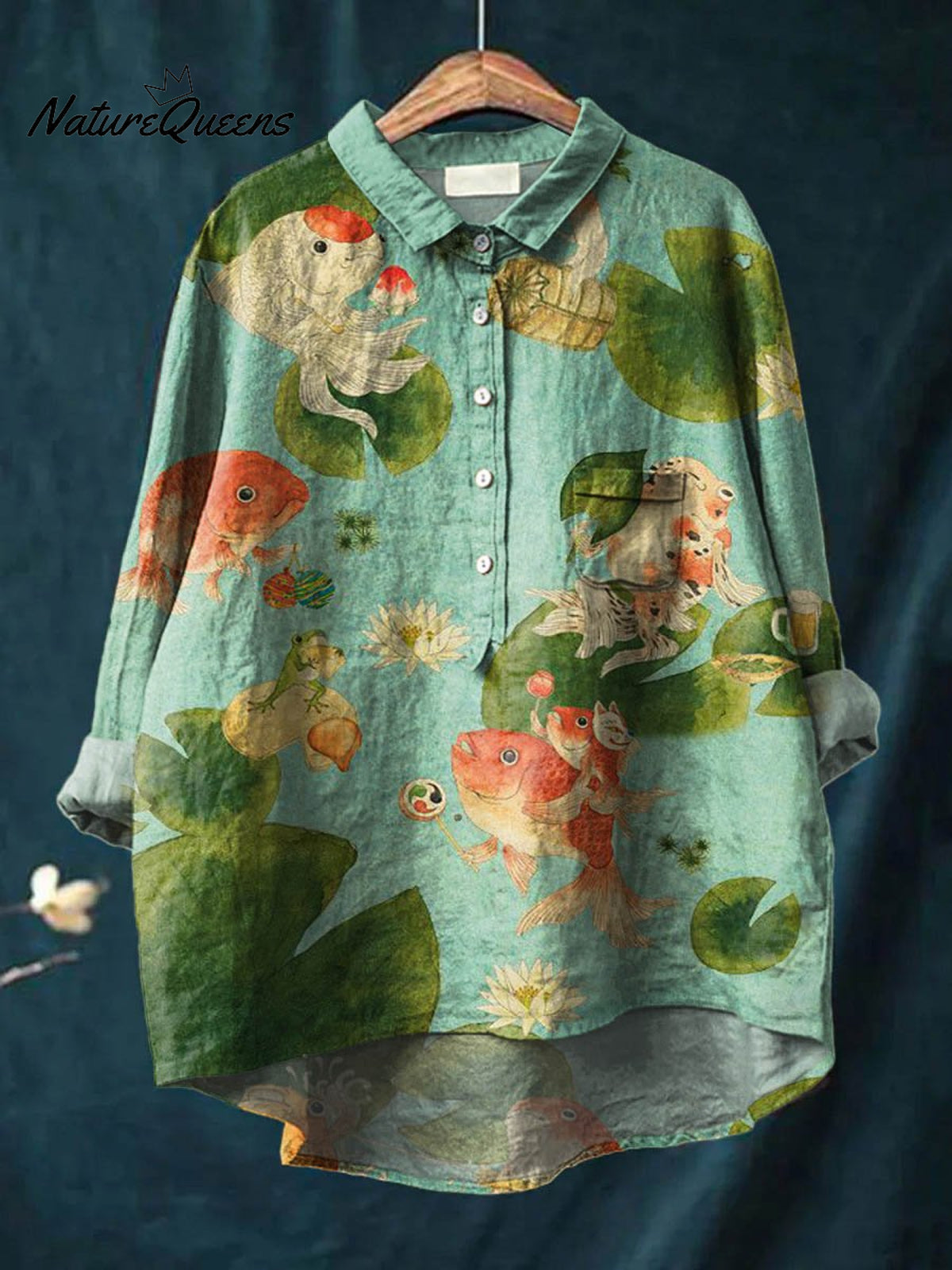 Vintage Lovely Fish Art Print Casual Cotton And Linen Shirt