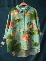 Vintage Lovely Fish Art Print Casual Cotton And Linen Shirt