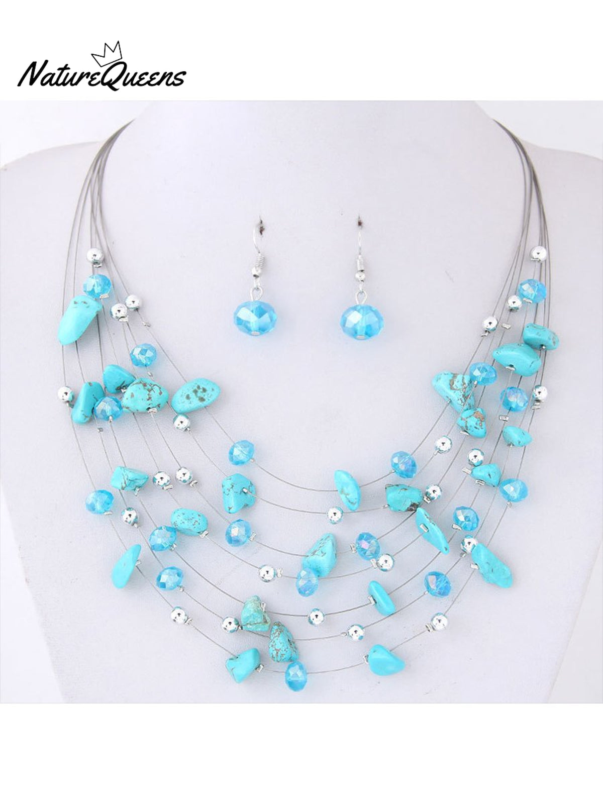 Bohemian Crystal Layered Necklace And Earrings Set Blue / Onesize