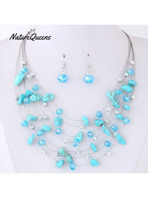 Bohemian Crystal Layered Necklace And Earrings Set Blue / Onesize