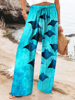 Women's Vintage Manta Rays Art Printed Cotton And Linen Casual Pants