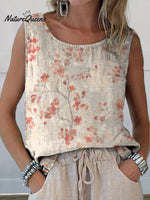 Women’s Retro Floral Art Print Casual Cotton And Linen Tank Top Multicolor / S