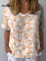 Sweet Spring White Floral Repeat Pattern Printed Women’s Casual Cotton And Linen Shirt Multicolor