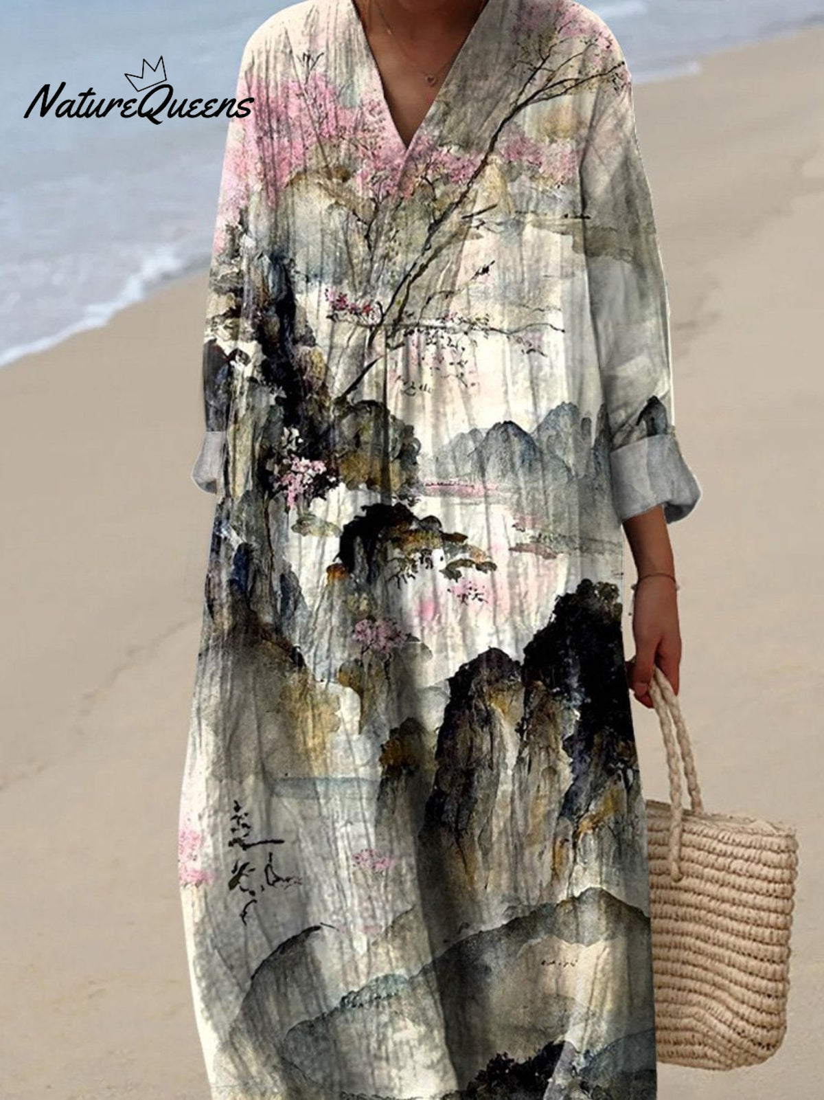 Japanese Style Watercolor Landscape Art Printed Women's Dress