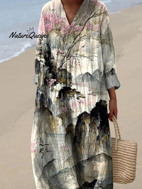 Japanese Style Watercolor Landscape Art Printed Women's Dress