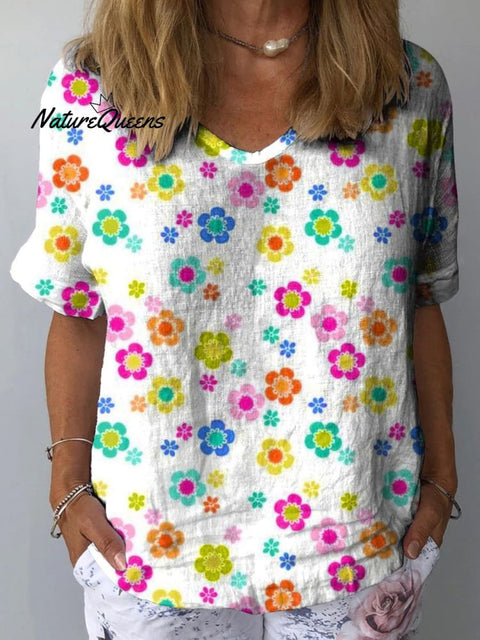 Retro Summer Floral Pattern Printed Women's Casual Cotton And Linen Shirt