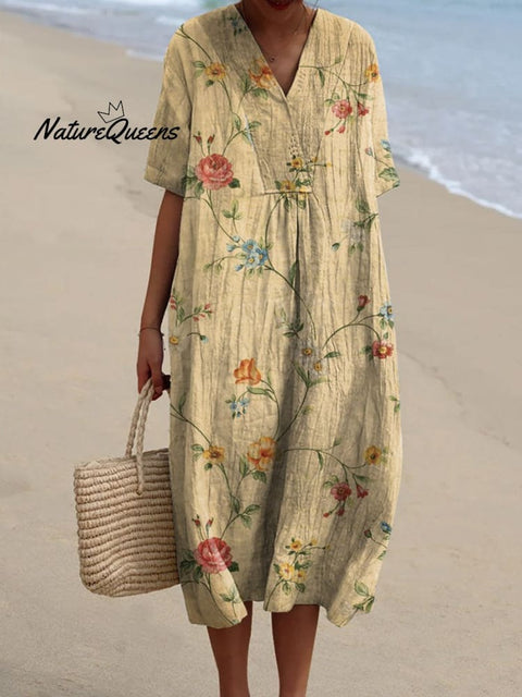Women’s Retro Floral Art Print Casual Flowy Dress Multicolor / S