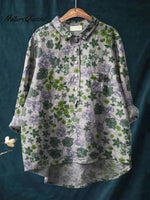 Sweet Retro Floral Garden Pattern Printed Women's Casual Cotton And Linen Shirt