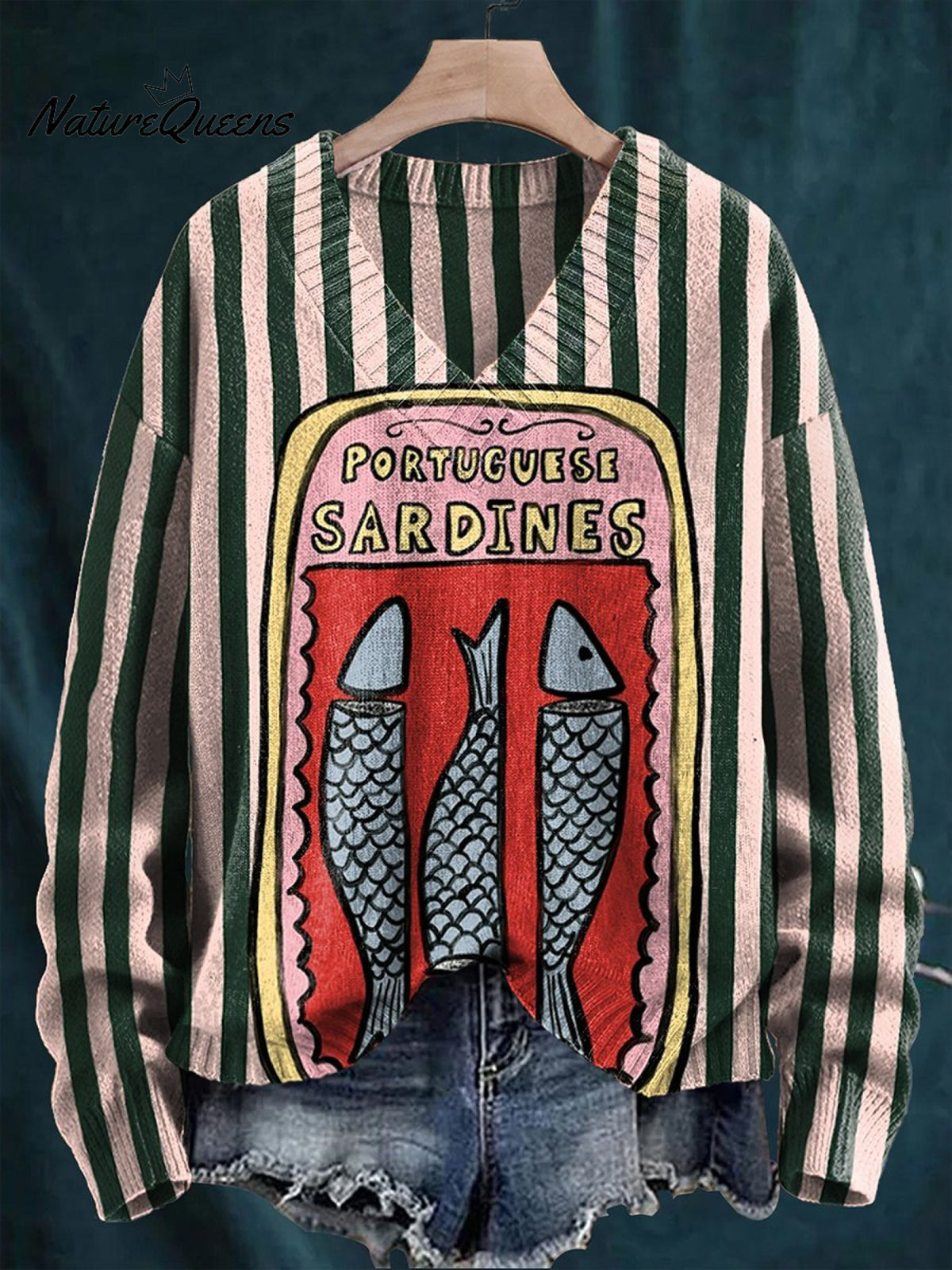 Pink-green Striped Sardines Print Knit V-neck Pullover Sweater
