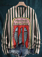 Pink-green Striped Sardines Print Knit V-neck Pullover Sweater