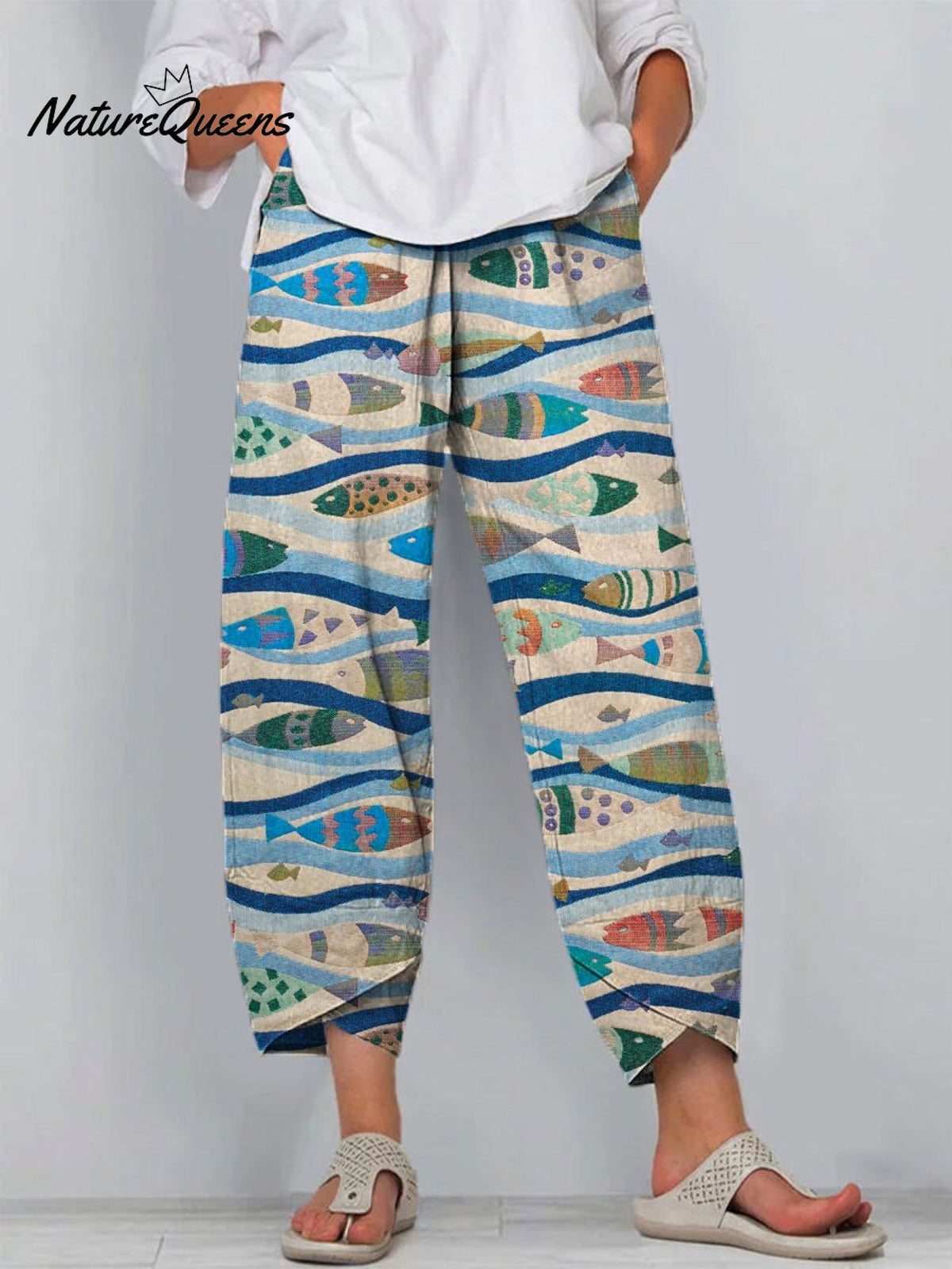 Women's Vintage Lovely Fish Art Printed Cotton And Linen Casual Pants