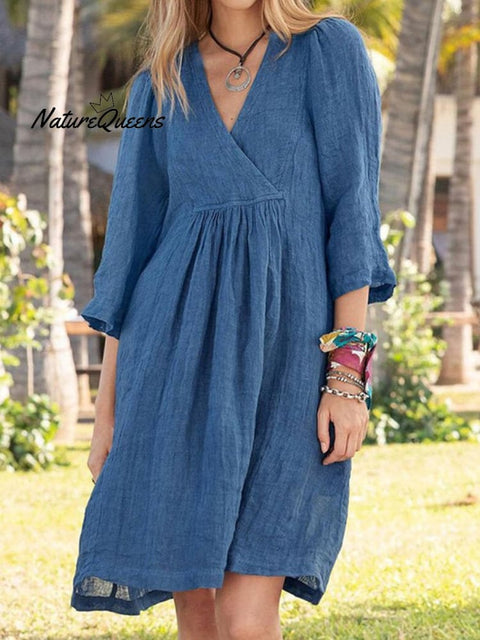 Women's Cotton and Linen Solid Color Seven-Quarter Sleeve Midi Dress