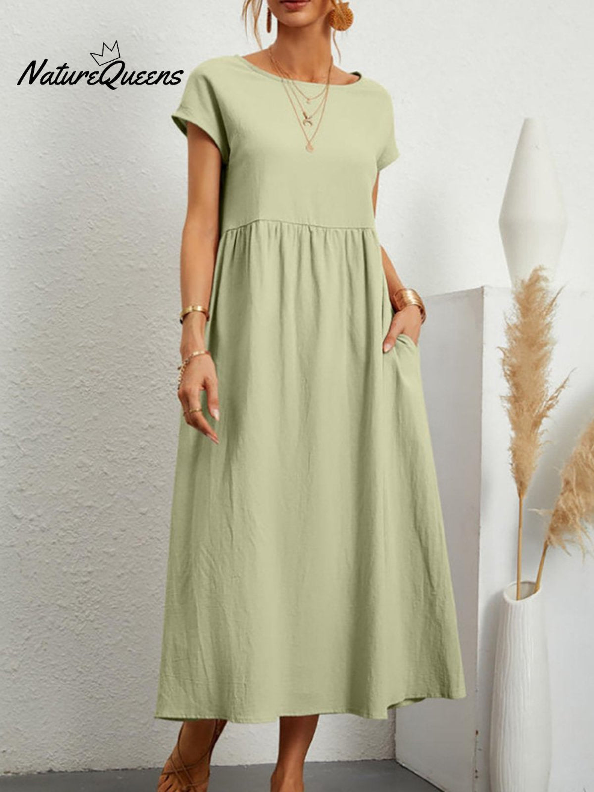Women’s Solid Color Cotton Linen Round Neck A - Line Dress Light Green / S