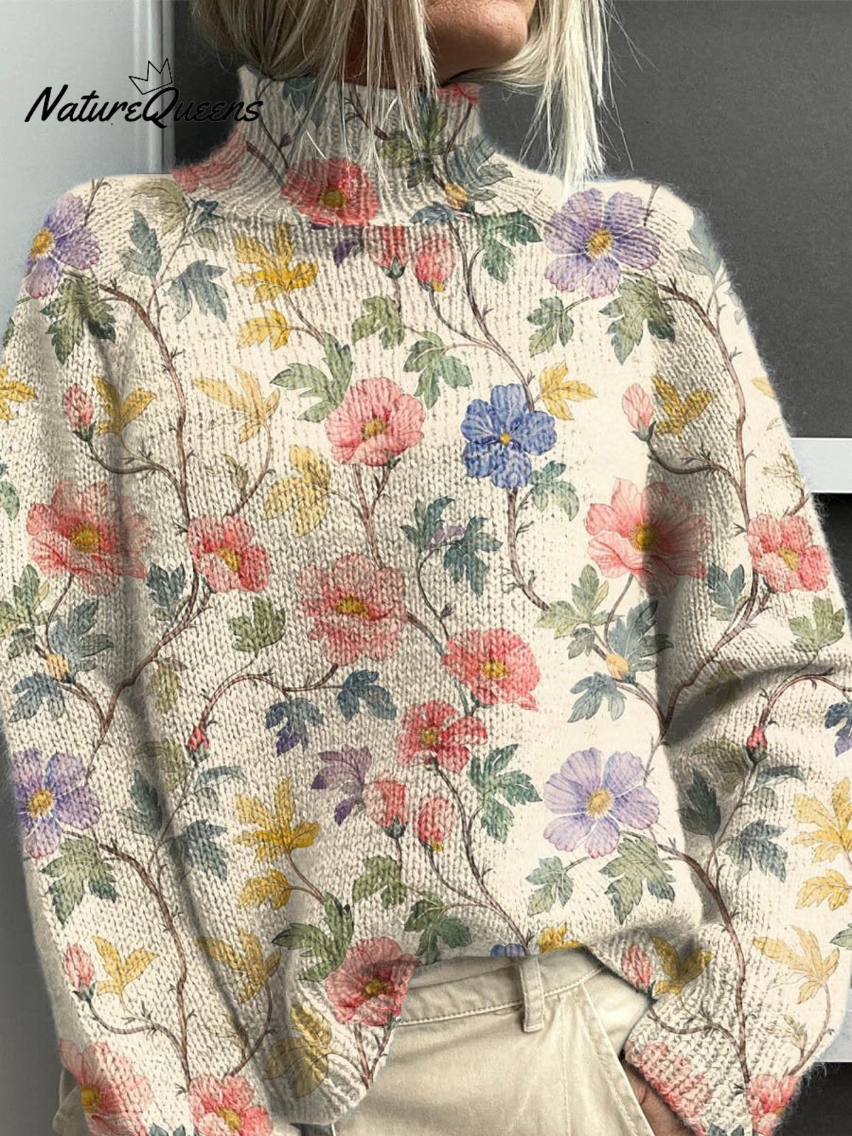 Women's Lovely Floral Art Print Knit Turtleneck Pullover Sweater