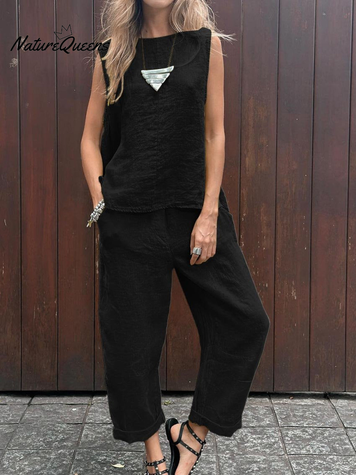 Women’s Tank And Casual Pants Linen Cotton Suit Black / S