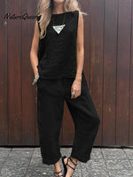 Women’s Tank And Casual Pants Linen Cotton Suit Black / S