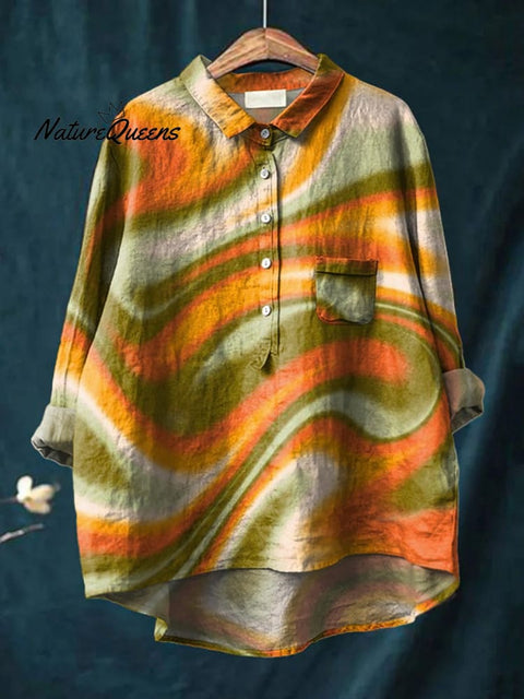 Hippie Style Swirl Pattern Printed Women's Casual Cotton And Linen Shirt