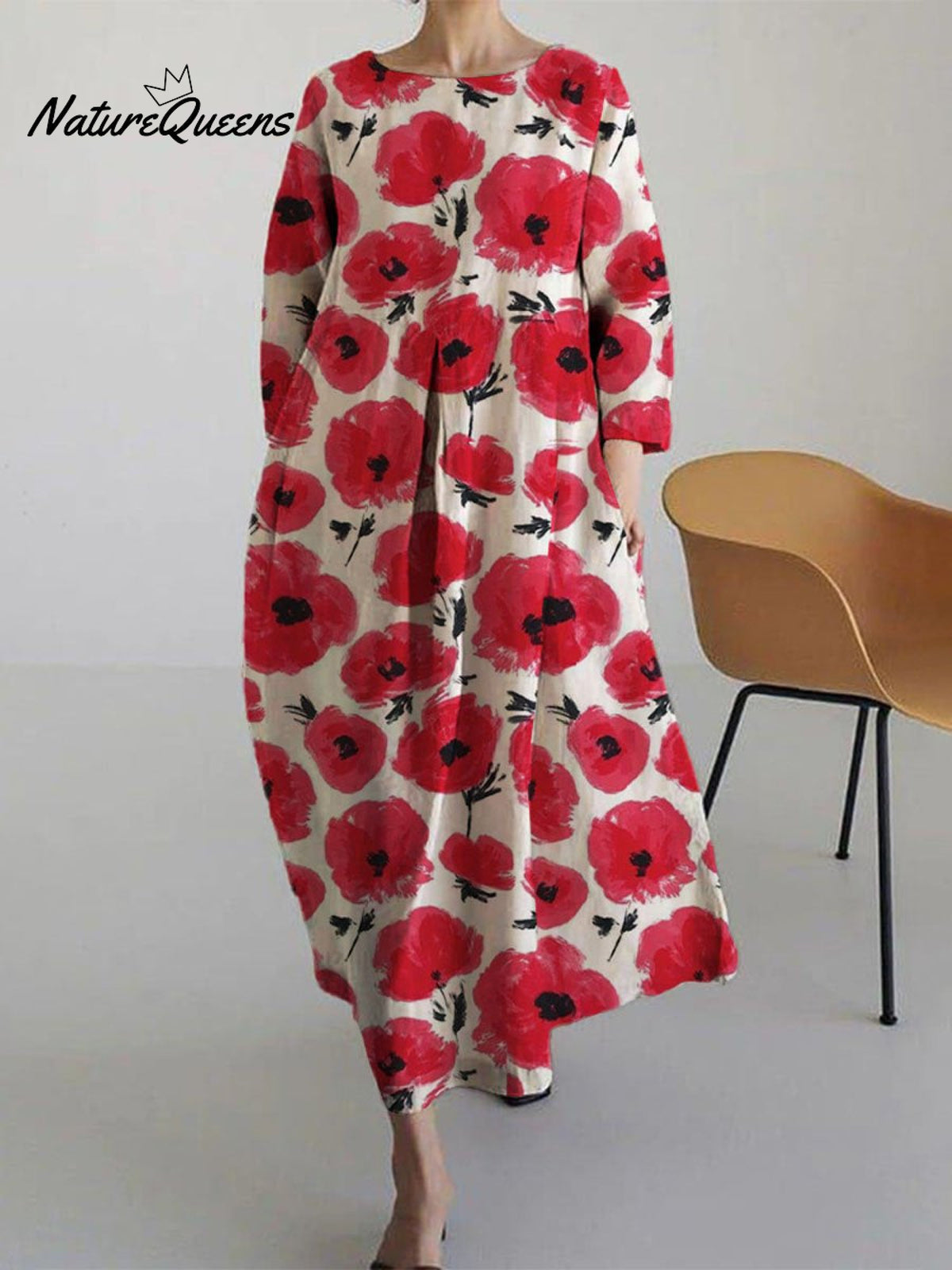 Women's Lovely Floral Art Print Large Size Loose Long Sleeve Casual Dress