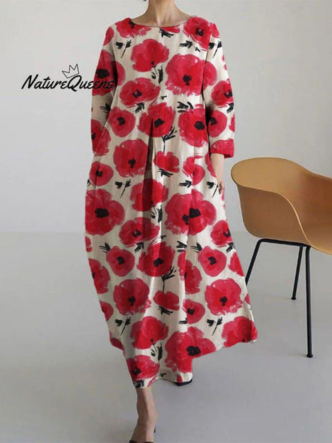 Women's Lovely Floral Art Print Large Size Loose Long Sleeve Casual Dress