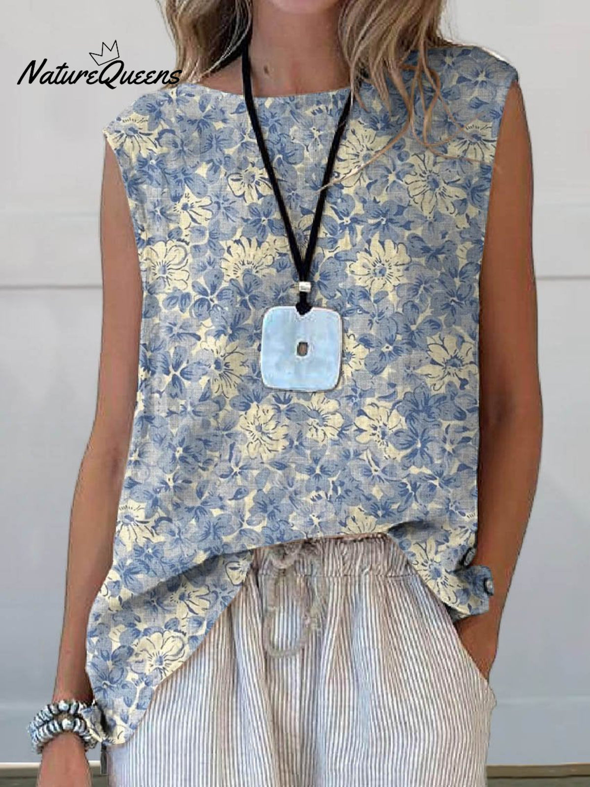 Women’s Retro Elegant Floral Art Print Casual Cotton And Linen Tank Top