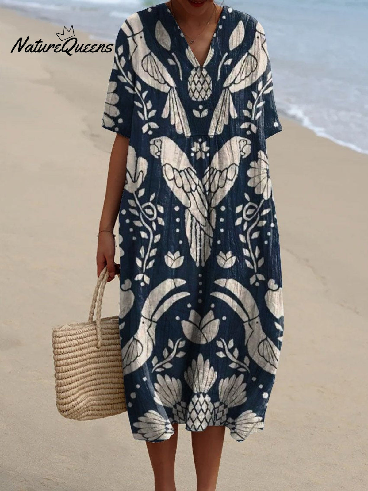 Women's Vintage Ethnic Lovely Birds Art Print Flowy Dress