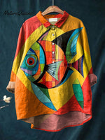 Geometric Tropical Fish Art Printed Women's Casual Cotton And Linen Shirt