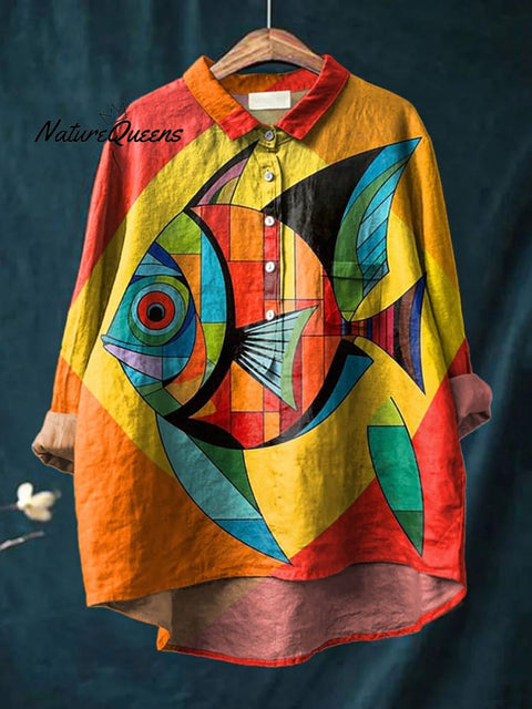 Geometric Tropical Fish Art Printed Women's Casual Cotton And Linen Shirt