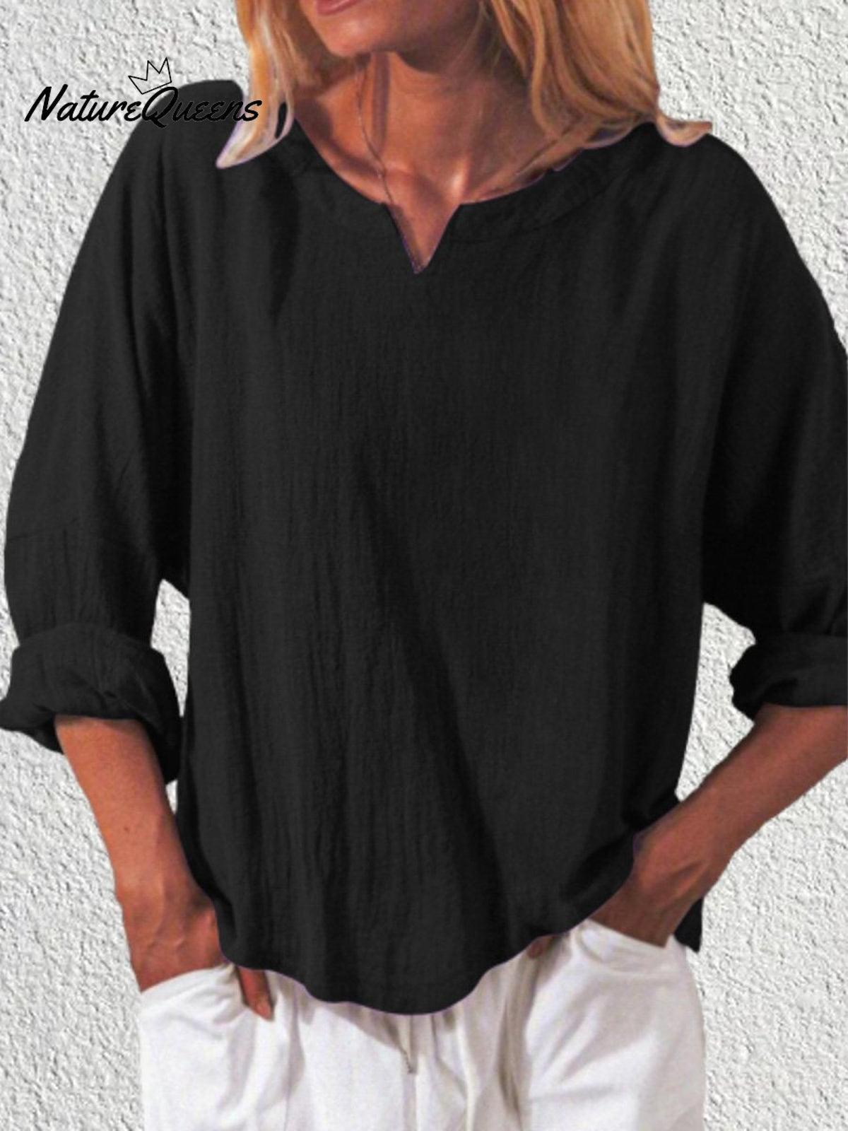 Women’s Casual Solid Colour Cotton And Linen Loose Long Sleeve V - Neck Shirt Black / S