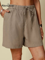 Cotton And Linen Solid Colour Casual Elastic Waist Tie Style Shorts Khaki / S