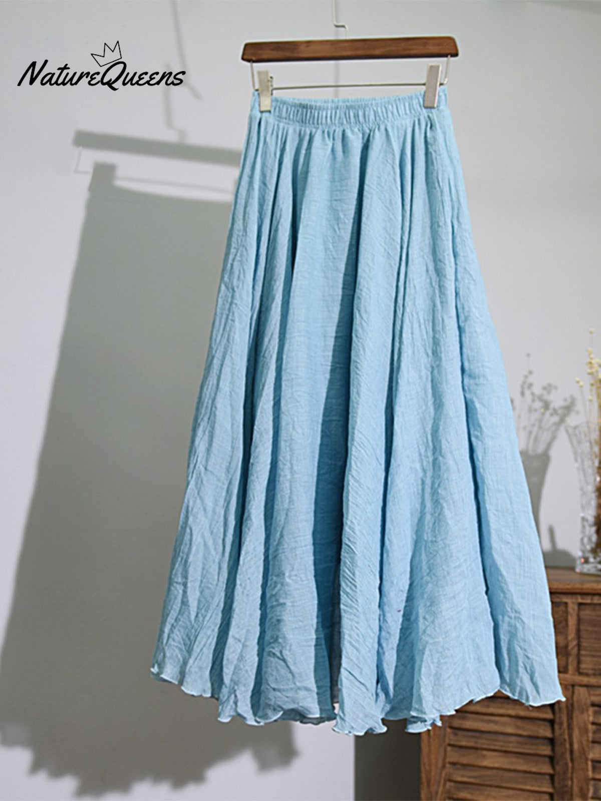 Women’s Cotton Linen Skirt Casual Elastic High Waist Pleated A-Line Beach Skirts Sky Blue / S