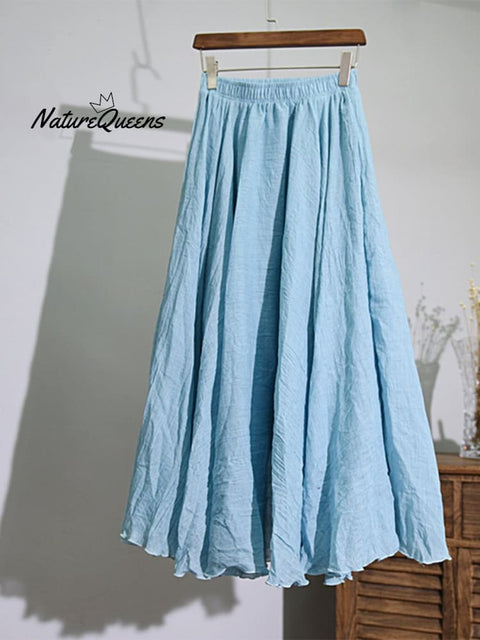 Women’s Cotton Linen Skirt Casual Elastic High Waist Pleated A-Line Beach Skirts Sky Blue / S