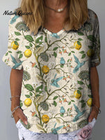 Humming Birds And Citric Lemon Tress Summer Repeat Pattern Printed Women’s Casual Cotton Linen