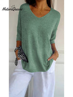 Women’s Solid Color Knitted 3/4 Sleeve V - Neck Top Grass Green / S