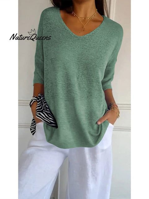 Women’s Solid Color Knitted 3/4 Sleeve V - Neck Top Grass Green / S