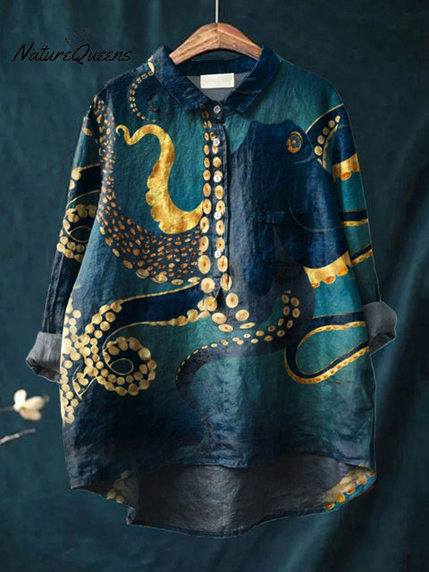 Women's Octopus  Art Print Casual Cotton And Linen Shirt