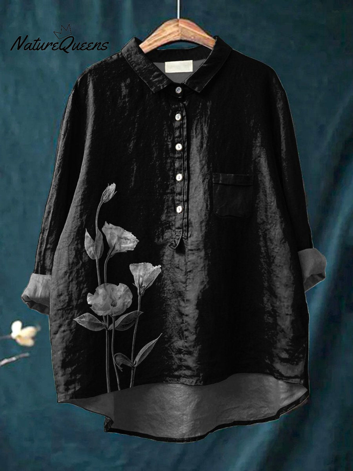 Ink And Wash Style Floral Printed Women's Casual Cotton And Linen Shirt